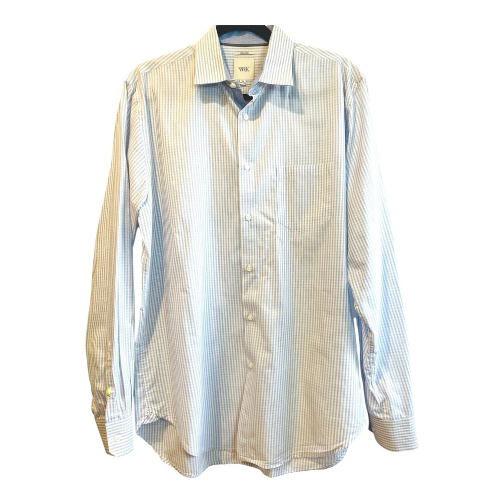 WRK Work Shirt Melange Blue White Checkered Flip Cuff Button Down Men's 16 34-35
